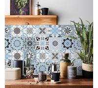 20pcs Moroccan Tile Stickers, Light Blue Kitchen Bathroom Wall Tile Stickers Peel and Stick on Tile Transfers Covers Decals Self Adhesive Vinyl Waterproof Vintage Mosaic Art (15cm x 15cm, 6x6 inches)