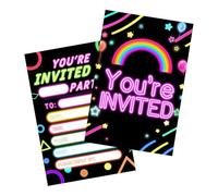 20PCS Neon Rainbow Party Invitations, Glow in The Dark Vibrant Rectangular Invite Cards, Neon Theme Party Supplies for Kids Birthday Disco Festival Rave Game Night Celebrations【New Update!】