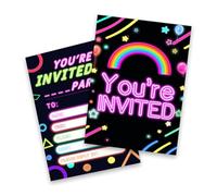 20PCS Neon Rainbow Party Invitations, Neon Theme Party Invitation Rectangular Cards, Glow in The Dark Vibrant Invite Cards for Kids Birthday Game Nights Disco Festival Rave Parties Themed Celebrations