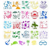 20Pcs Ocean Stencils for Painting,7.8Inch Large Beach Stencils,Reusable Summer Vacation Stencil with Mermaid Animal Palm Tree Patterns DIY Craft Drawing Templates On Wall Art Scrapbook Home Decor