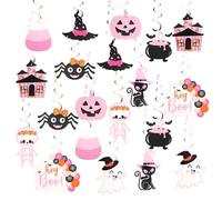 20pcs Pink Halloween Hanging Swirl Decoration, Centerpieces Ceiling Streamer Hey Boo Cat Ghost Witch Pumpkin Spider Spiral Decor for Home Girl Party