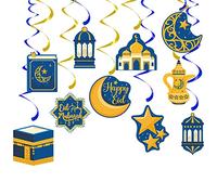20Pcs Ramadan Eid Mubarak Decorations,Ramadan Hanging Swirls Shining Blue Gold Star Moon Lantern Ceiling Foil Eid Mubarak Hanging Decoration for Kareem,Muslim Islamic Festival,Eid Al-fitr Party