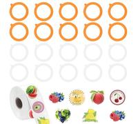 20Pcs Replacement Rubber Seals, Silicone Seals for for Mason Jars and Glass Cans, Orange and white, It comes with a roll of 500 fruit-themed self-adhesive stickers