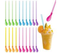 20Pcs Reusable Slushie Straws - 2-in-1 Spoon Straw Combo for Smoothies, Ice Slush, Milkshakes, Bubble Tea, Rainbow Colored Plastic Straws for Parties, Frozen Drinks & Summer Beverages