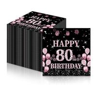 20Pcs Rose Gold 80th Birthday Paper Napkins Serviettes,Happy 80th Birthday Party Napkins Disposable,Women 80th Birthday Table Decorations,Rose Black Soft Napkins Tissue for Birthday Party Decoration