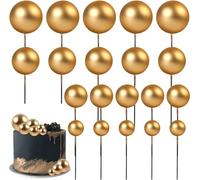 20Pcs Round Ball Cake Toppers Ball Cupcake Toppers Cake Decorations Bakeware Decorating Topper Sticks Mini Balloon Cake Insert Toppers for Anniversary Birthday Party Wedding Decor - Gold