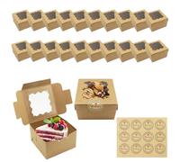 20PCS Small Cake Boxes, Brown Paper Cupcake Boxes Cookie Boxes with Windows and 12 Stickers Mini Cake Boxes Individual Bakery Dessert Brownie Boxes for Gift Small Cakes Sweet Candy (10 * 10 * 6.5cm)