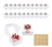 20PCS Small Cake Boxes, White Paper Cupcake Boxes Cookie Boxes with Windows and 12 Stickers Mini Cake Boxes Individual Bakery Dessert Brownie Boxes for Gift Small Cakes Sweet Candy (10 * 10 * 6.5cm)