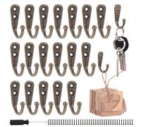 20Pcs Small Coat Hooks Wall Mounted, Heavy Duty Bronze Coat-Hooks with 40 Screws, Wall Mounted Single Hook, Vintage Single Metal Robe Hooks for Hanging Key Jewelry Cup Cloth Bag Cap, Screwdriver
