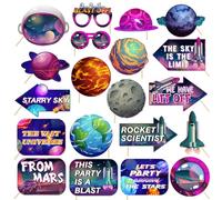 20Pcs Space Photo Booth Props with Stick, Galaxy Theme Outer Space Booth Props, Birthday Party & Event Planet Birthday Party Decorations