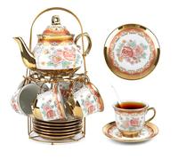 20Pcs Tea Set for 6 with 700ml Teapot & 160ml Cups, Ceramic Teaset with Stand Elegant Floral Design European British Style Tea Party Cup and Saucer Sets for Adults, Afternoon Tea, Wedding Gift, White