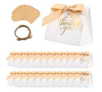 20PCS Thank You Gift Bags,4.7x4.1x2.5Inches Gold Foil Printed Party Favor Bags,Pink Treat Boxes with Bow Ribbon and 20pcs Kraft Paper Gift Tags for Birthday Wedding Party Holiday (White)