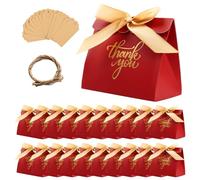 20PCS Thank You Gift Bags,4.7x4.1x2.5Inches Gold Foil Printed Party Favor Bags,Pink Treat Boxes with Bow Ribbon and 20pcs Kraft Paper Gift Tags for Birthday Wedding Party Holiday (Red)