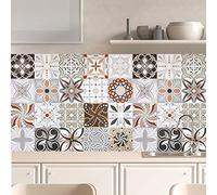20pcs Vintage Tile Stickers, Kitchen Bathroom Wall Tile Stickers Peel and Stick on Tile Transfers Covers Decals Self Adhesive Vinyl Waterproof Grey Beige Moroccan Mosaic Art (15cm x 15cm, 6x6 inches)