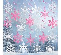 20Pcs Winter Snowflake Hanging Swirl Decorations, Christmas Snowflakes Ceiling Streamers Pink Sliver Snowflake Hanging Decorations for Christmas Winter Wonderland Frozen Party Supplies