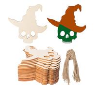 20Pcs Witch Hat On Skulls Wooden Halloween Blank Wood with Twines Art Unfinished Ornaments for Halloween Christmas Wedding Birthday Party Thanksgiving Day Decoration