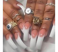 20Pcs XXL Long Press On Nails, Curved French Tip Fake Nails, Glue On Nail Kit for Party, Wedding & Daily Wear for Women (Pink & White)