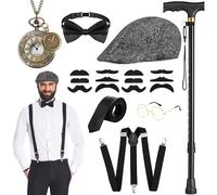 20s Costume Men's Accessories, Foldable Crutches Metal, Panama Hat, Pocket Watch, Metal Glasses, Bow Tie, Braces, Mafia Costume, 1920s Gangster, Made China