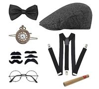 20s Costume Men's Accessories, Mafia Peaky Blinders Set with Gangster Panama Hat, Pocket Watch, Braces, Bow Tie, Beards, Glasses - For Carnival, Fancy Dress, Halloween