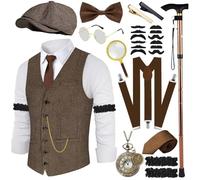 20s Costume Men's Vest with Accessories Braces, Magnifying Glass Crutch Pocket Watch Beard Beret Glasses Tie Clip for Mafia Costume 1920s Gangster Peaky Blinders Carnival Halloween Theme Party
