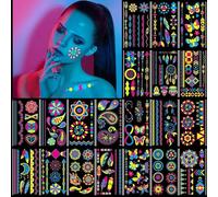 20Sheet Glow in The Dark Temporary Tattoos 170+Styles Adult Super Bright Black Light UV Neon Body Face Fake Waterproof Tattoo Stickers for Women Men Kids Adult, Music Concert Rave Festival Accessory