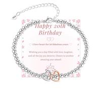20th 30th 40th 50th 60th 70th Birthday Gifts for Women, Sterling Silver Bead Bracelet with Heart Charm Adjustable Silver Bracelet for Women Birthday Gifts with Cards for Mum Grandma Sister(Heart-20th)