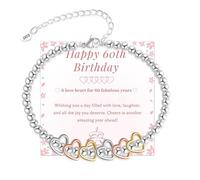 20th 30th 40th 50th 60th 70th Birthday Gifts for Women, Sterling Silver Bead Bracelet with Heart Charm Adjustable Silver Bracelet for Women Birthday Gifts with Cards for Mum Grandma Sister(Heart-60th)