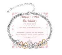 20th 30th 40th 50th 60th 70th Birthday Gifts for Women, Sterling Silver Bead Bracelet with Heart Charm Adjustable Silver Bracelet for Women Birthday Gifts with Cards for Mum Grandma Sister(Heart-70th)