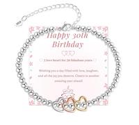 20th 30th 40th 50th 60th 70th Birthday Gifts for Women, Sterling Silver Bead Bracelet with Heart Charm Adjustable Silver Bracelet for Women Birthday Gifts with Cards for Mum Grandma Sister(Heart-30th)
