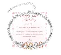 20th 30th 40th 50th 60th 70th Birthday Gifts for Women, Sterling Silver Bead Bracelet with Heart Charm Adjustable Silver Bracelet for Women Birthday Gifts with Cards for Mum Grandma Sister(Heart-50th)