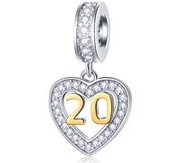 20th Anniversary Charms fit Pandora Women Bracelet, Golden Number 20 Dangle, Silver Plated 20 Years Birthday Heart Necklace/Pendant Beads with CZ, Gifts for Wife/Bride