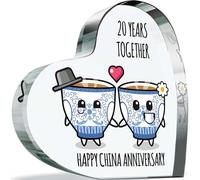 20th Anniversary Plaque Gifts for Wife Husband - Happy China Anniversary - I Love You Romantic Acrylic Heart Gift For Women Men, 100mm x 100mm Present For Couples Twentieth Wedding Anniversaries