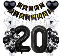 20th Birthday Balloon Decoration - Black and White Party Supplies for Women and Men - Silver Accents