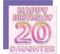 20th Birthday Card for Daughter - Pink & Purple Glitter Balloons - Happy Birthday Cards for 20 Year Old Daughter from Mum Dad Parents, 145mm Bday Greeting Cards Gift