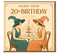 20th Birthday Card for Her - Elegant Art Deco design with two ladies at afternoon tea, city skyline backdrop, vintage 1920s style, 'Enjoy Your 20th Birthday'