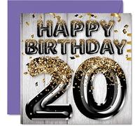20th Birthday Card for Men - Black & Gold Glitter Balloons - Happy Birthday Cards for 20 Year Old Man Son Brother Uncle Cousin, 145mm Bday Greeting Cards Gift