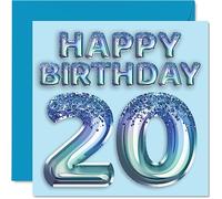20th Birthday Card for Men - Blue Glitter Party Balloon - Happy Birthday Cards for 20 Year Old Man Brother Son Nephew Uncle, 145mm Bday Greeting Cards Gift