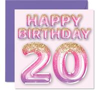 20th Birthday Card for Women - Pink & Purple Glitter Balloons - Happy Birthday Cards for 20 Year Old Woman Daughter Sister Auntie Cousin, 145mm Bday Greeting Cards Gift