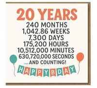 20th Birthday Card - Fun 20 Years Stats: 240 Months, 1,042.86 Weeks, 7,300 Days, Balloons and 'HAPPY BDAY' Bunting - Funny Milestone Card for Him, Her or Friend