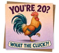 20th Birthday Card, Funny 20th Birthday Card for Chicken Lovers, 'You're 20? What the Cluck?!' Humorous Rooster Design