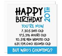 20th Birthday Card - Funny Who's Counting Age 20 Birthday Card for Him or Her - Novelty Milestone Birthday Card - Celebrate in Seconds, Minutes, Hours, and Days Twenty Birthday Greeting Card (Blue)