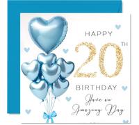 20th Birthday Cards for Men - Blue Glitter Balloons - Happy Birthday Card for 20 Year Old Man Son Uncle Brother Friend, 145mm Bday Greeting Cards