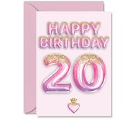 20th Birthday Cards for Men Women - Pink & Purple Glitter Balloons - Happy Birthday Card for 20 Year Old Man Woman Cousin Sister Uncle Daughter, A5 Bday Greeting Cards