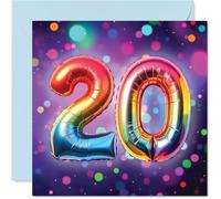 20th Birthday Cards for Women and Men, Rainbow Foil Balloon | Happy Birthday Card for 20 Year Old Man Woman Sister Niece Nephew Cousin, 145mm Bday Greeting Cards