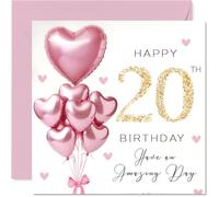 20th Birthday Cards for Women - Pink Glitter Balloons - Happy Birthday Card for 20 Year Old Woman Friend Auntie Daughter Sister, 145mm Bday Greeting Cards