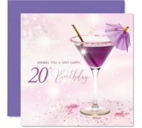 20th Birthday Cards for Women - Purple Cocktail - Happy Birthday Card for 20 Year Old Woman Auntie Friend Granddaughter Daughter, 145mm Bday Greeting Cards