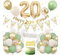 20th Birthday Decoration Sage Green, Green White Gold Birthday Decorations for 20 Year Old, Number 20 Balloons with Banner Cake Decoration for Boy and Girl, 20 Year Old Birthday Decoration