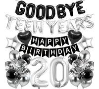 20th Birthday Decorations Balloon Men - 41 Pcs Happy Bday Goodbye Teen Years Banners Number 20 Star Heart Foil Balloons Black Silver Party Supplies for Him Cheers Twenty Year Old Anniversary Decor