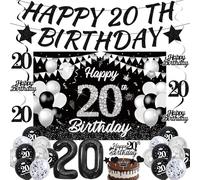 20th Birthday Decorations Banner Balloons- 35 Pc Black Silver Happy 20 Bday Banners Hanging Swirls Cake Topper Foil Latex Number 20 Balloons for him her Women Men Girls Party Supplies