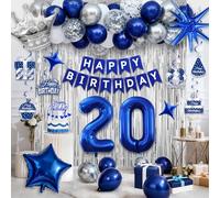 20th Birthday Decorations, Blue and Silver Happy Birthday Decorations for Boys Girls, Navy Blue 20th Birthday Party Packs with Banner Balloons Silver Fringe Curtains Foil Balloons